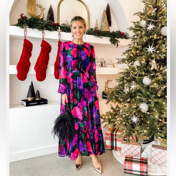 Crew Long-sleeve chiffon midi dress in watercolor floral New